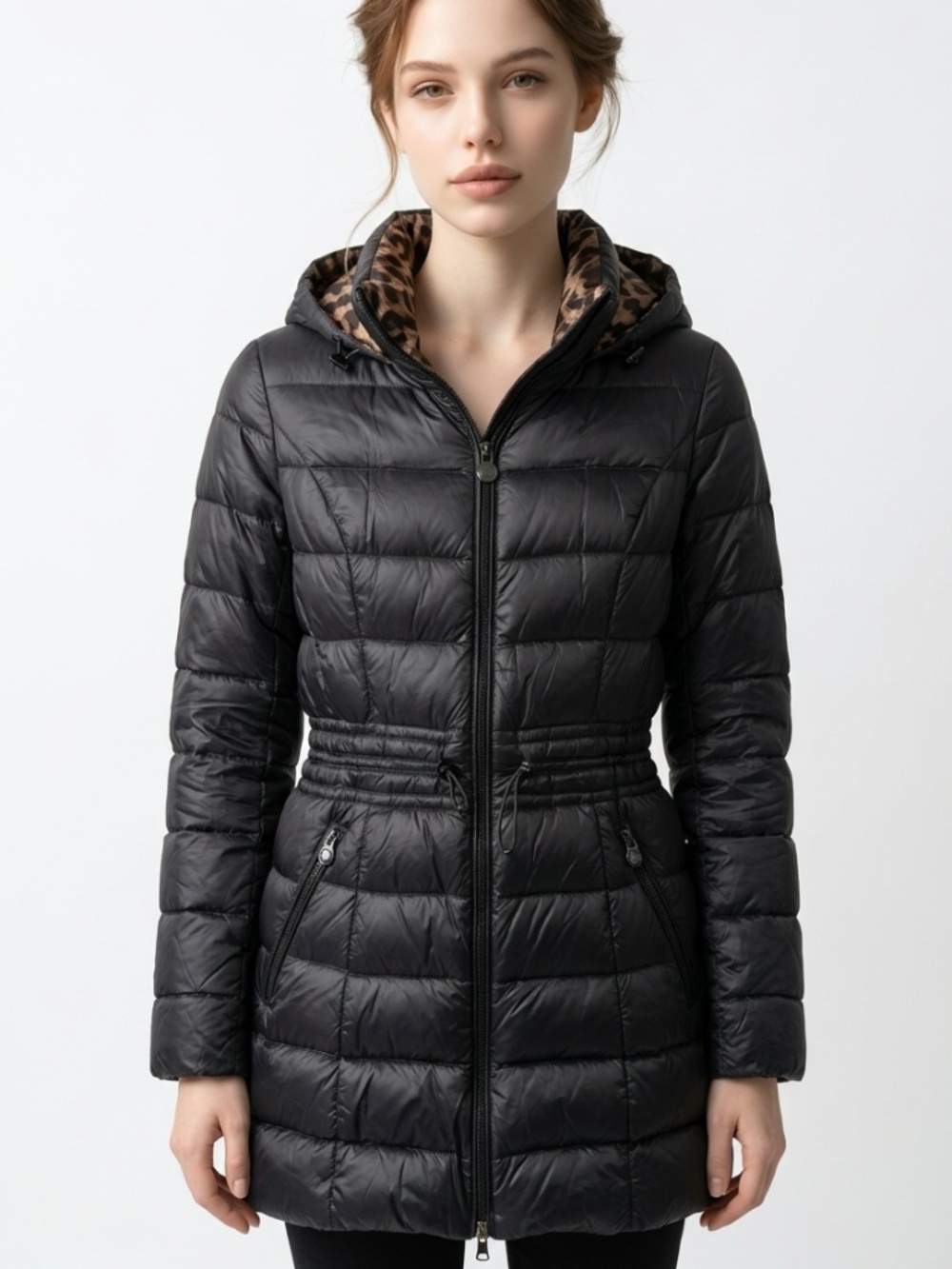 LAUNDRY BY SHELLI SEGAL • Black Down Puffer Coat Leopard Lined Hood XS